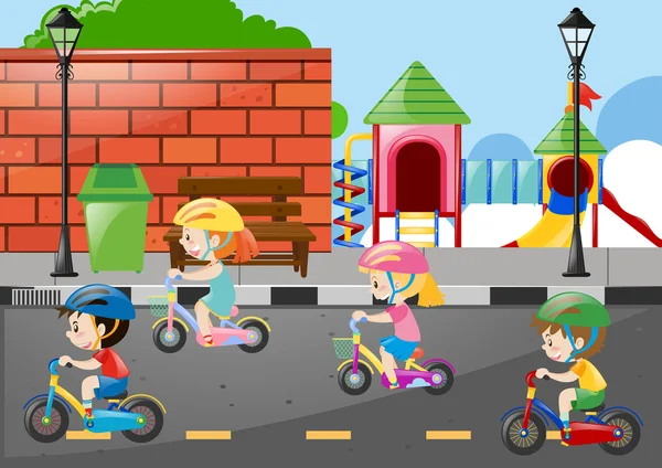 Cuatro niños en bicicleta en la carretera — Vector de stock