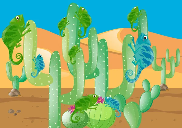 Lagartijas y cactus en el desierto — Vector de stock