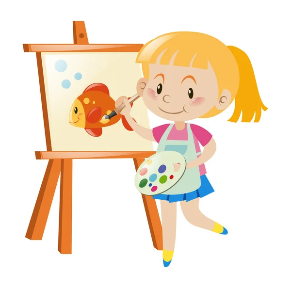 Chica pintando peces de colores sobre lienzo — Vector de stock