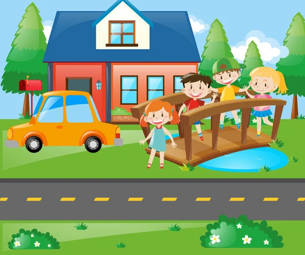 Children standing on the bridge in front of house — Stock Vector