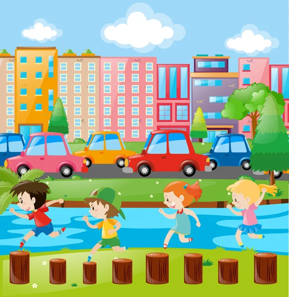 Crianças brincando em logs no parque da cidade —  Vetores de Stock