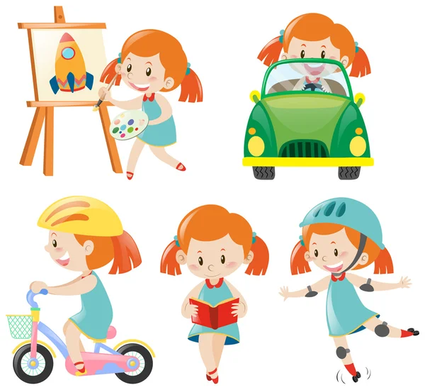 Girl in blue dress doing different actions — Stock Vector