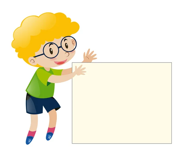 Niño con pelo rizado sosteniendo papel blanco — Vector de stock