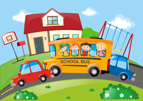 Niños montando en autobús escolar — Vector de stock