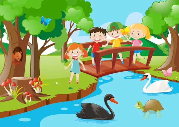 Crianças na ponte e animais no parque — Vetor de Stock