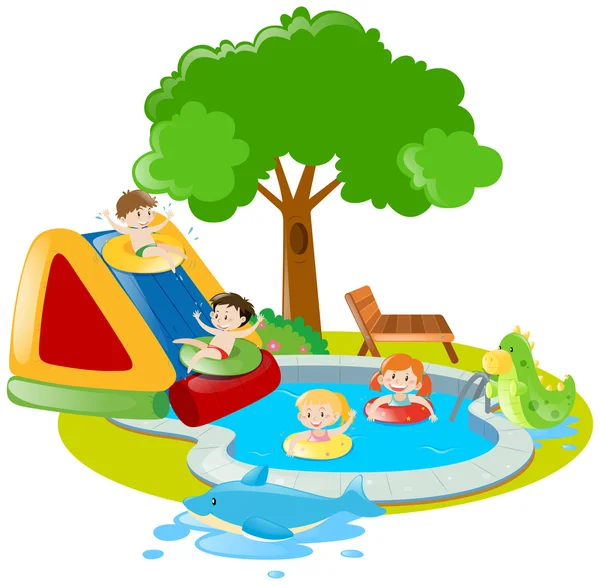 Niños jugando y nadando en la piscina — Vector de stock