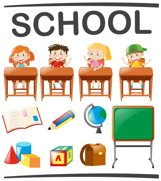 Dzieci, studiowania i obiektów szkolnych — Wektor stockowy
