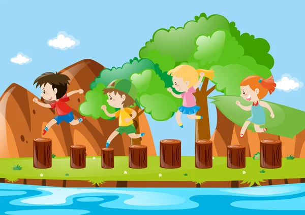 Quatre enfants sautent sur les bûches — Image vectorielle