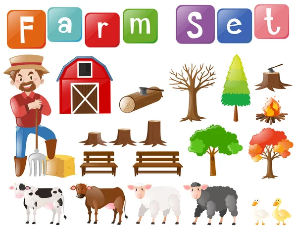Conjunto de explorações agrícolas com agricultor e outros elementos —  Vetores de Stock