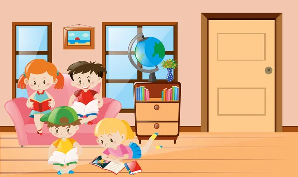Vier Kinder lesen Buch im Wohnzimmer — Stockvektor