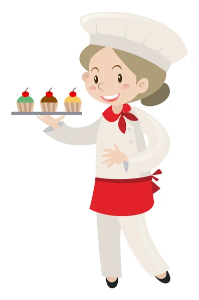 Assadeira fêmea segurando bandeja de cupcakes — Vetor de Stock