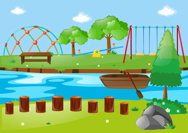 Escena con río y parque infantil — Vector de stock