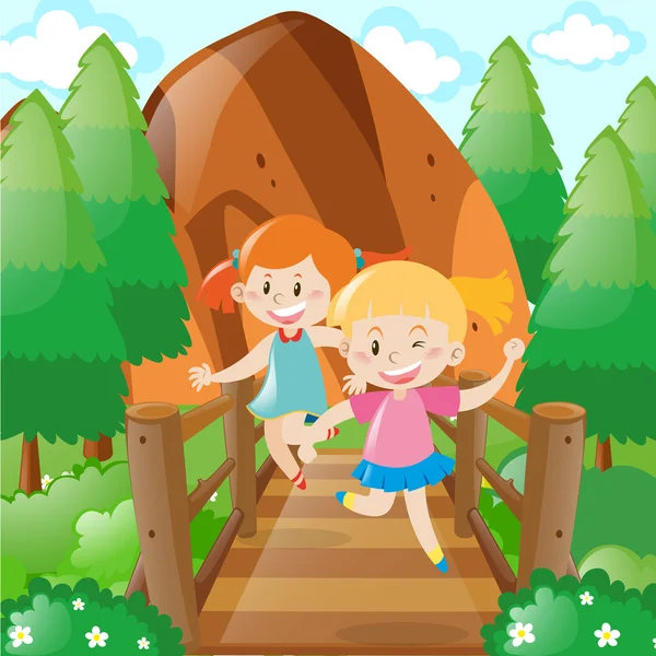 木造橋を渡る二人の女の子 — ストックベクタ