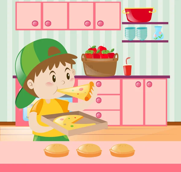 Niño comiendo pizza en la cocina — Vector de stock