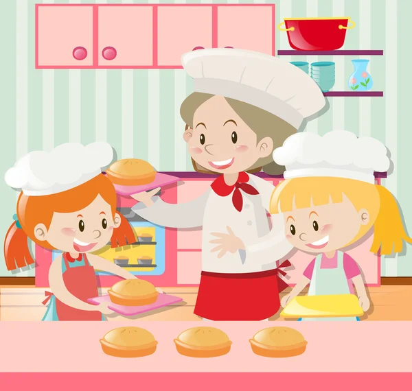 Bäckerin und zwei Mädchen backen Kuchen — Stockvektor