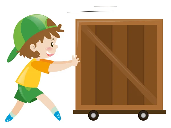 Boy pushing wooden box alone — Stock Vector