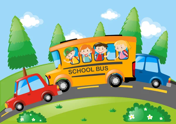 Cena de estrada com as crianças andando em ônibus escolar — Vetor de Stock