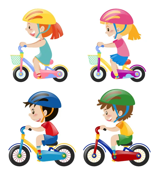 Cuatro niños montando en bicicleta sobre fondo blanco — Vector de stock