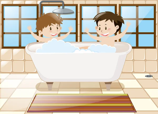 Dos chicos tomando un baño juntos en la bañera — Vector de stock