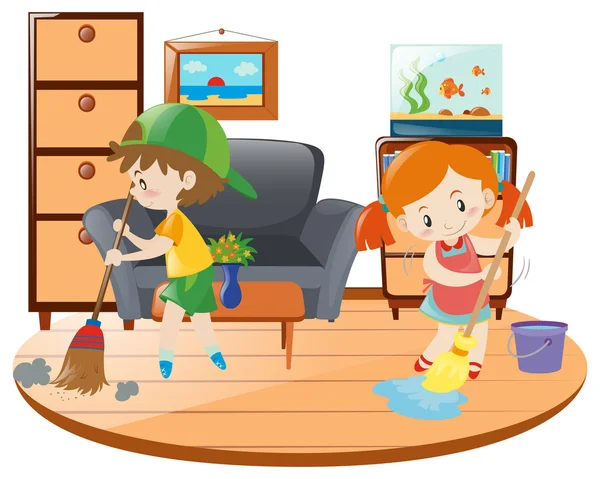 Niño y niña limpieza sala de estar — Vector de stock