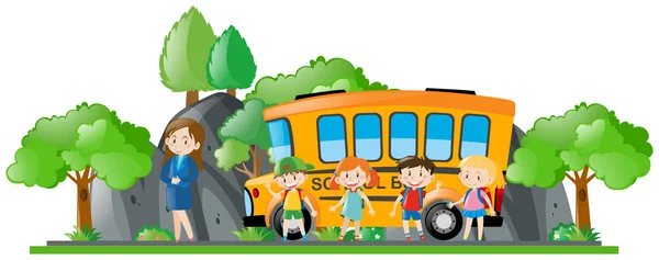 Niños y maestros de pie junto al autobús escolar — Vector de stock