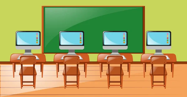 Aula con cuatro computadoras en el escritorio — Vector de stock