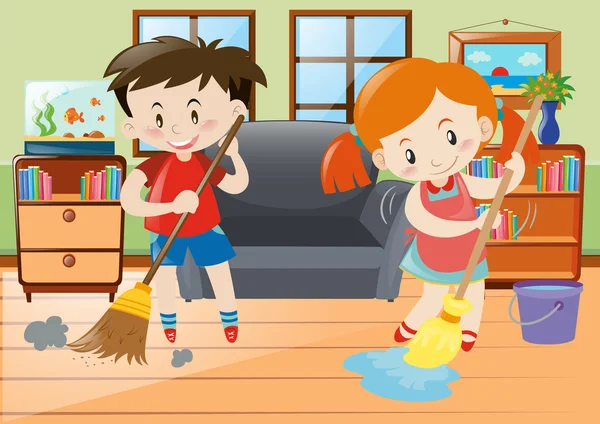 Erkek ve kız evde ev işleri yaparak — Stok Vektör