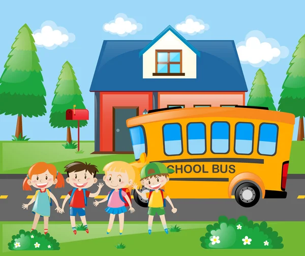 Cuatro estudiantes van a casa en autobús escolar — Vector de stock