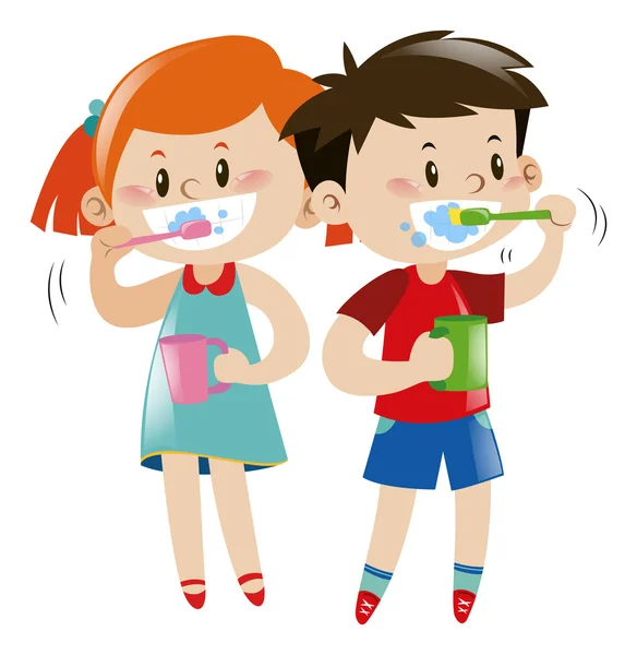 Niño y niña cepillándose los dientes — Vector de stock