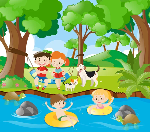 Дети веселятся в реке — стоковый вектор