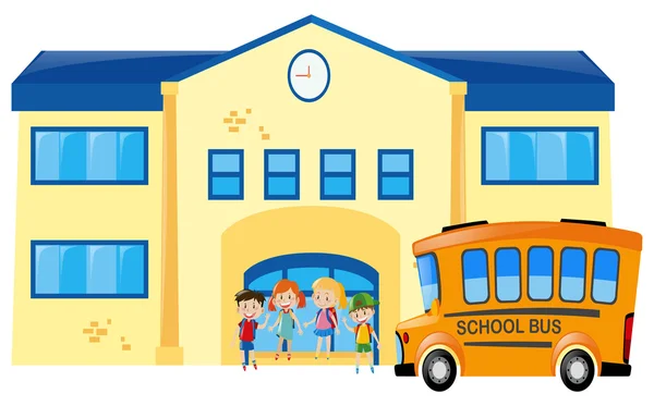 Estudiantes y autobús escolar frente a la escuela — Vector de stock
