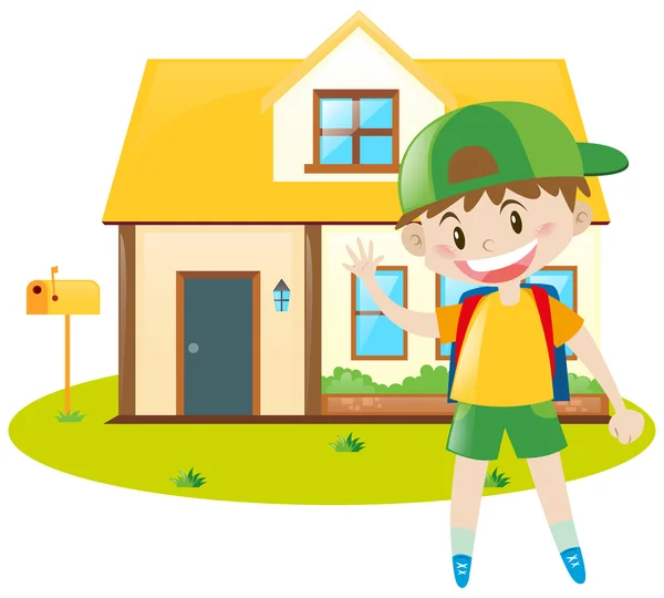 Хлопчик і жовтий будинок — стоковий вектор