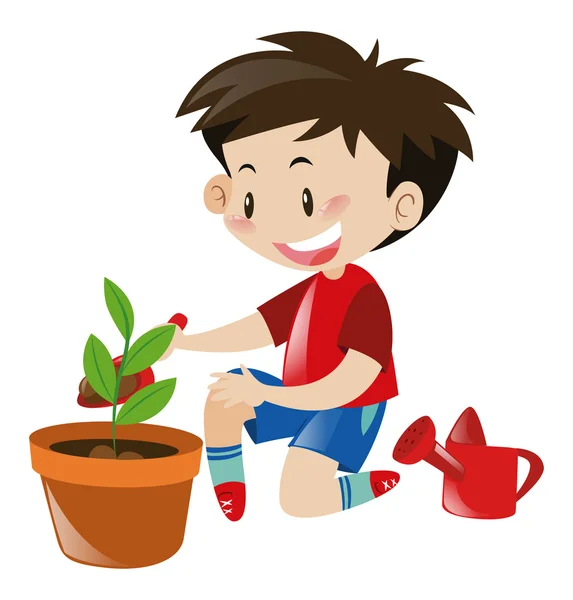 Menino plantando árvore em vaso de flores — Vetor de Stock