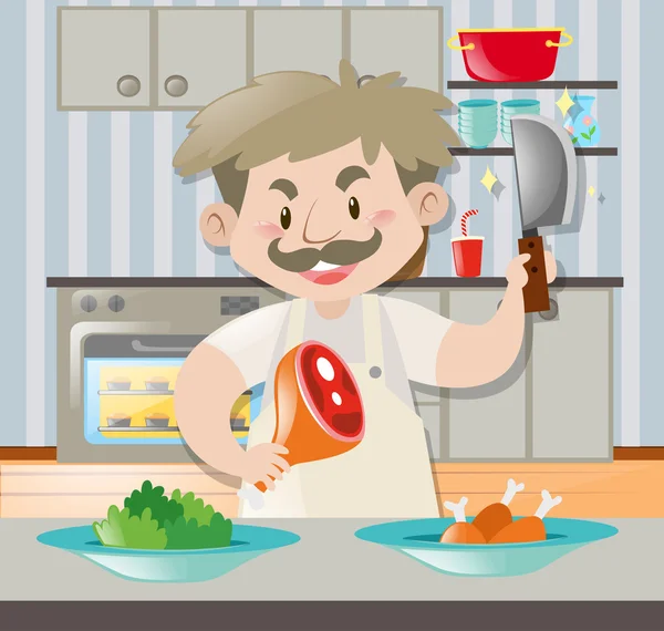 Šéfkuchař s nožem a vepřového nohou v kuchyni — Stockový vektor
