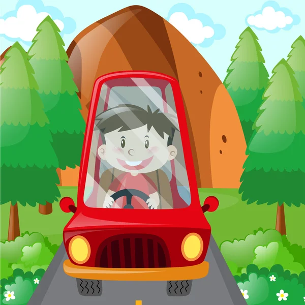 Menino montando em carro vermelho na estrada — Vetor de Stock