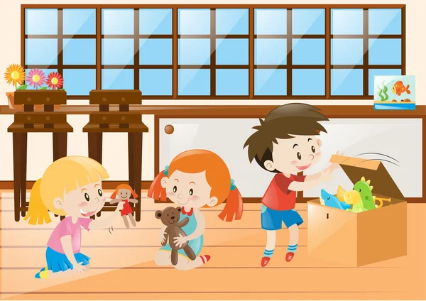 Trois enfants jouant avec des poupées dans la chambre — Image vectorielle