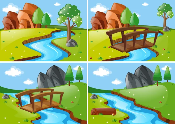 Four scenes with river run through park — Stock Vector