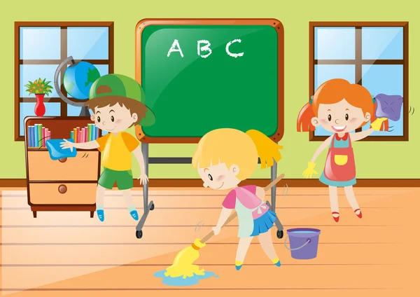 Children help cleaning classroom — Stock Vector