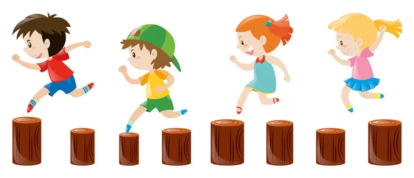 Cuatro niños corriendo en los troncos — Vector de stock