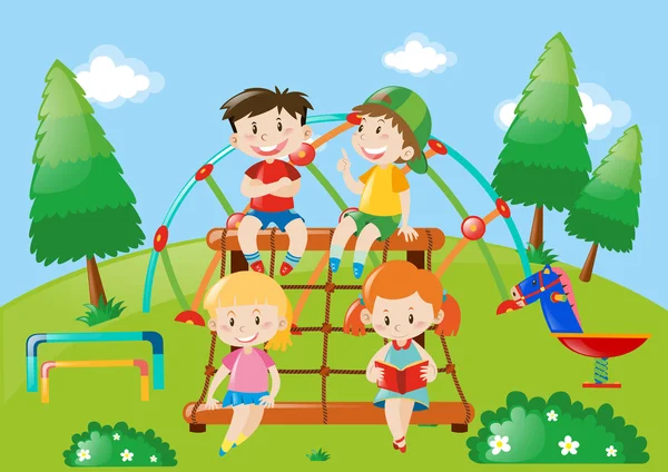 Quatro crianças brincando no playground — Vetor de Stock