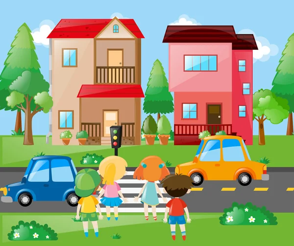 Kinder überqueren Straße in Nachbarschaft — Stockvektor
