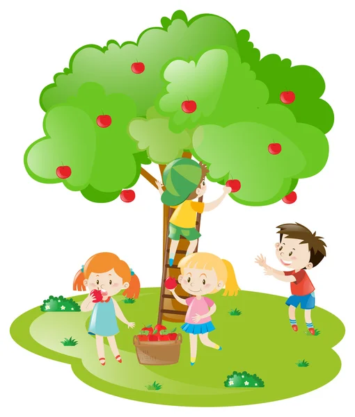 Niños recogiendo manzanas del manzano — Vector de stock