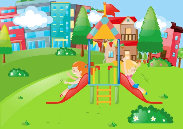Κορίτσια που παίζουν σε διαφάνεια στο πάρκο γειτονιάς — Διανυσματικό Αρχείο