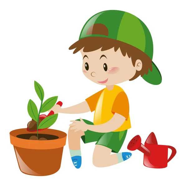 Boy planting tree in clay pot — Stock Vector