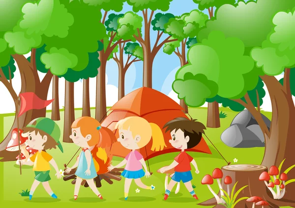 孩子们在树林里去野营 — 图库矢量图片