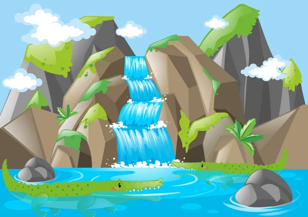 Scene with moutains and waterfall — Stock Vector