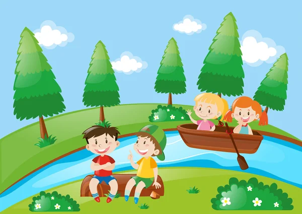 Мальчики и девочки гребная лодка в парке — стоковый вектор
