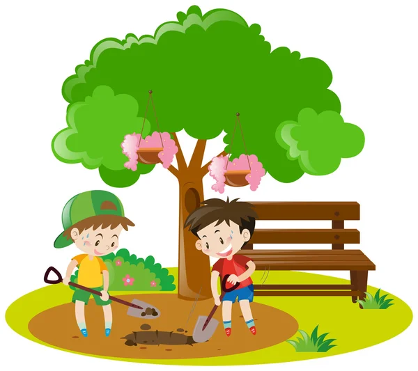 Dos chicos cavando hoyos en el jardín — Vector de stock