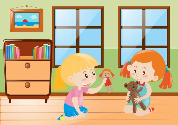 Dos chicas jugando a las muñecas en la habitación — Vector de stock