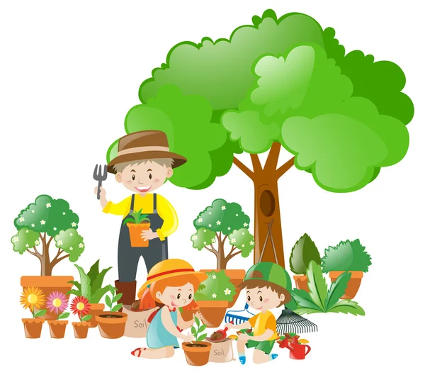 Man and kids planting trees Royalty Free Stock Vectors